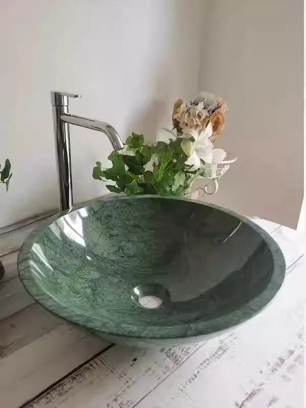 Natural Marble Home Use Bathroom Washbasin Hotel Advanced Bathroom Creativity Big Flower Green Round Shape Wash Your Face Basin