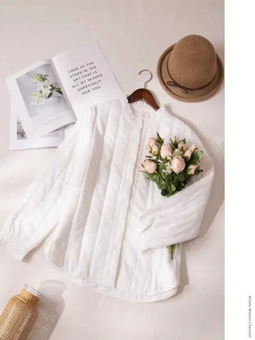 

Women's Casual Loose Thiened Cotton Jaet Autumn Winter New Sle Pure Color round Ne Commuter Korean Sle Straight Tube