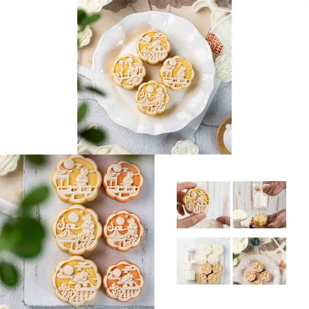 Middle Autumn Festival Baking Molds Set with 3D Rabbit Pattern 4 Stamps ABS Hand Press Moon Cake Molds