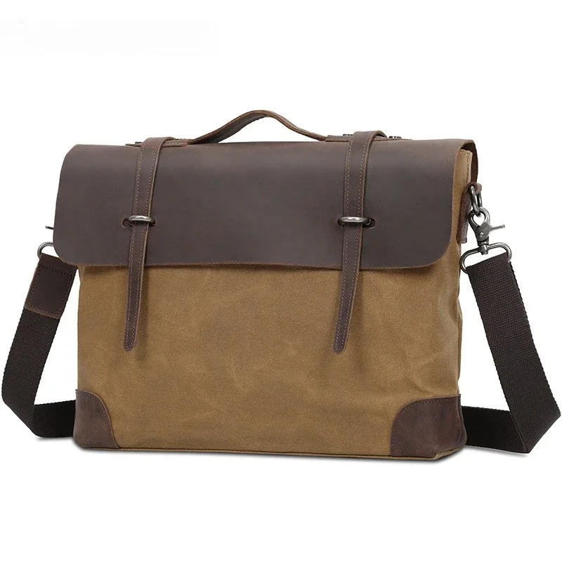 Vintage Messenger Bag Men Waxed Canvas Crossbody Shoulder Satchel Waterproof Crazy Horse Leather Briefcase Laptop Bag