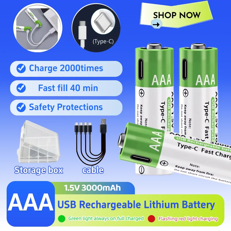 

High Capacity 3000mAh 1.5V AAA Li-ion Rechargeable Battery with Type-C Cable Voltage Lithium-ion Batteries with Storage Case