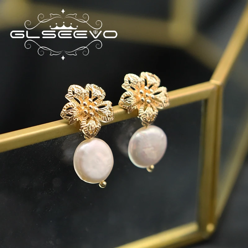 GLSEEVO Fashion Hollow Metal Flowers Baroque Pearl Woman Drop Earrings Temperament Simple Trendy Girls Party Gift Jewelry GE1180