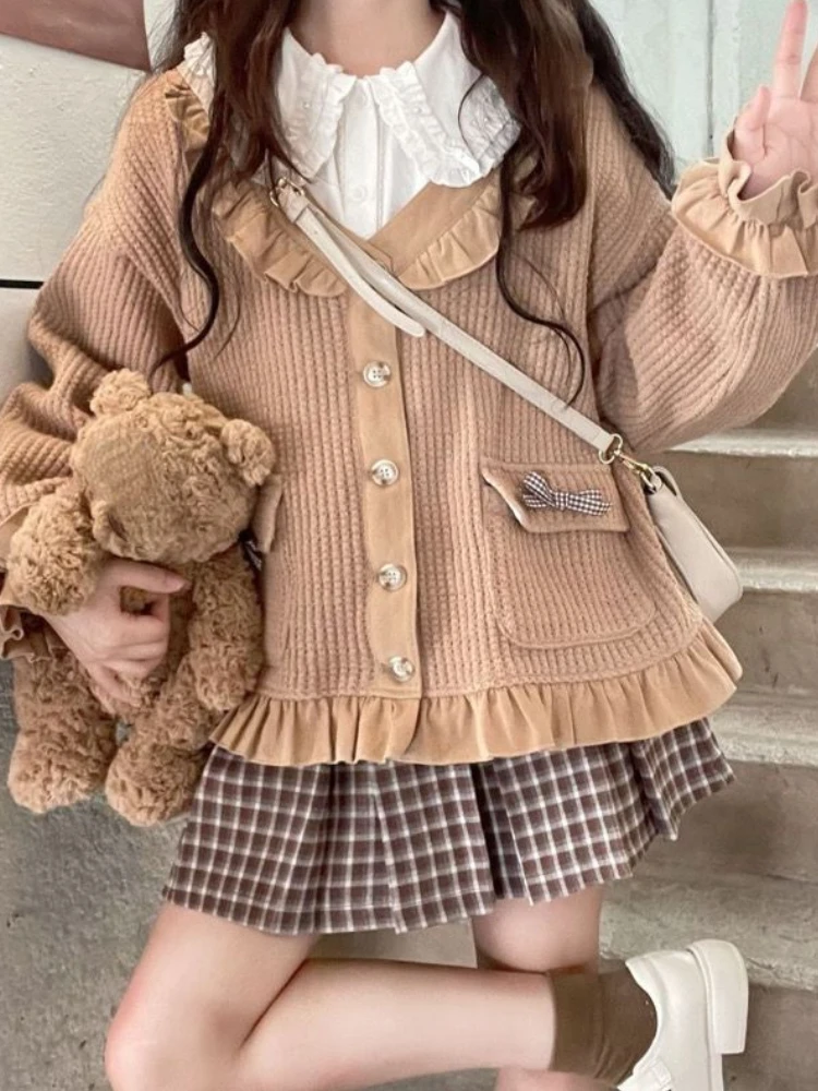 Autumn Japanese Lolita 3 Piece Set Women Peter Pan Collar Sweet Mini Skirt Suit Female Kawaii Bow Vintage Plaid Skirts Suit 2023