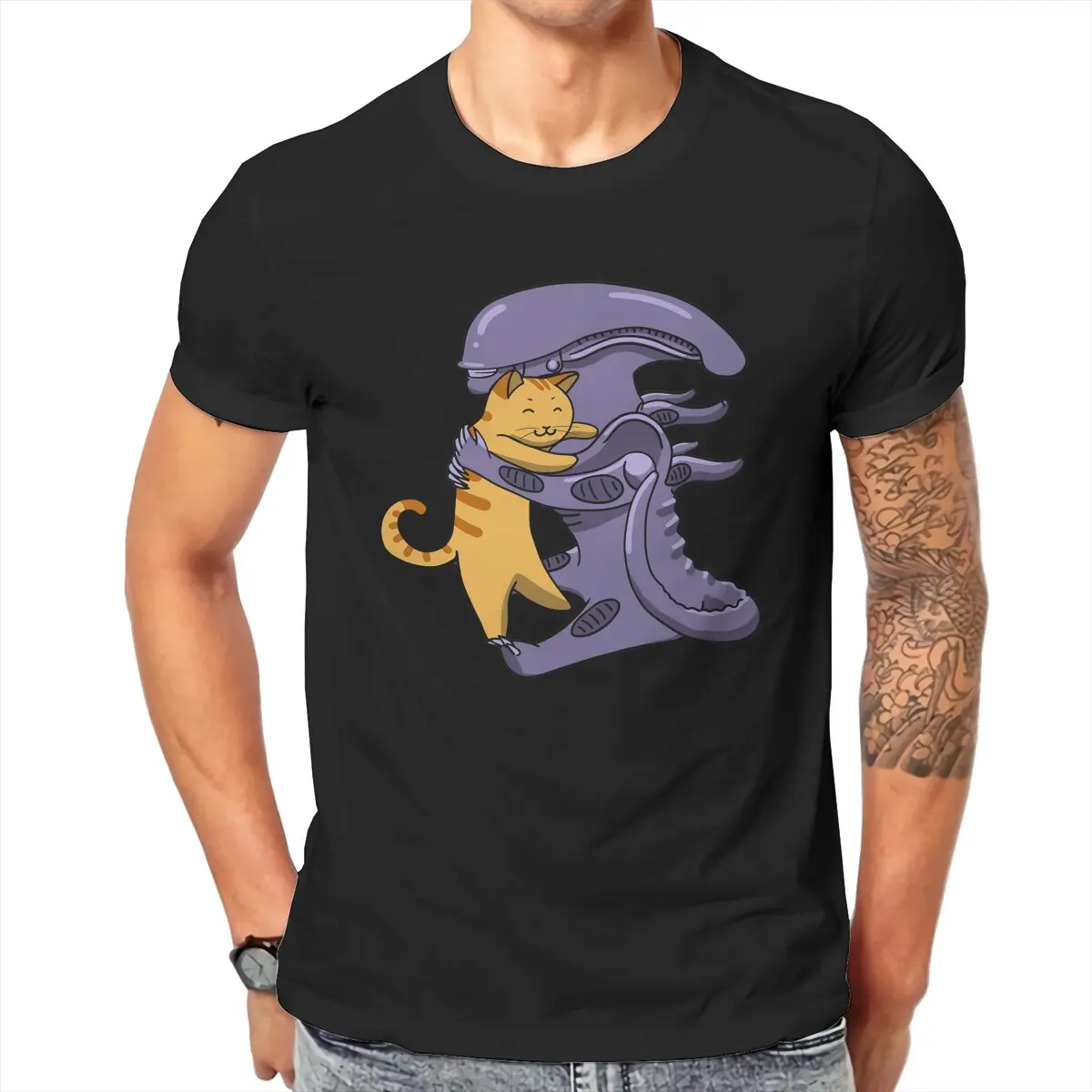 Alien Hugs Cat xenomorph ripley face hugger Cute T-Shirt for Men Novelty  100% cotton Printed t-shirt Big Size mens clothes