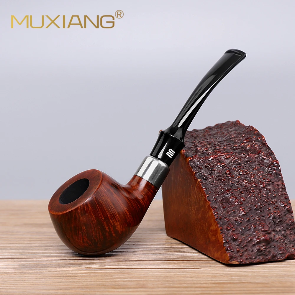 

handmade Briar Tobacco Pipe, Beginner's Pipe, 9mm Filter, Curved Stem Pipe with Silver Ring，Prince Tobacco Pipe， flame pattern