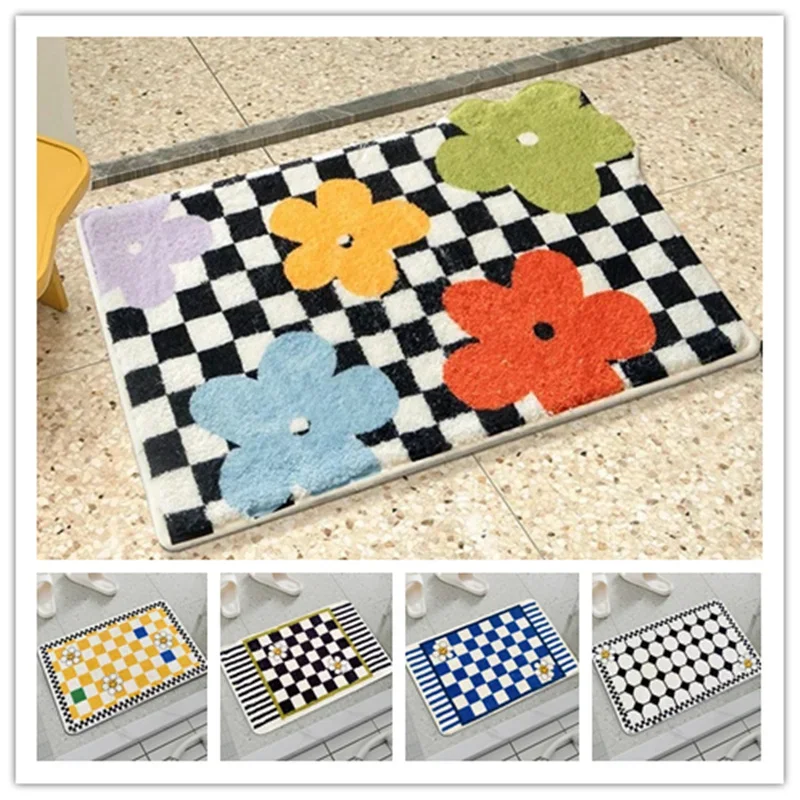 VIKAMA Cute Flowers Bathroom Non-Slip Checkerboard Printed Imitation Cashmere Carpet Toilet Absorbent Non-Slip Mat Home Decor