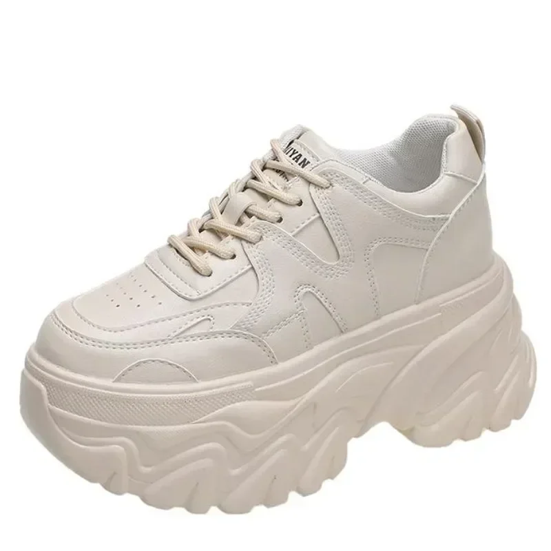 

Women Platform Casual Thick leather Shoes 2024 New Spring Autumn Chunky Sneakers 8CM Wedges Hidden Heels Leisure Shoes Woman