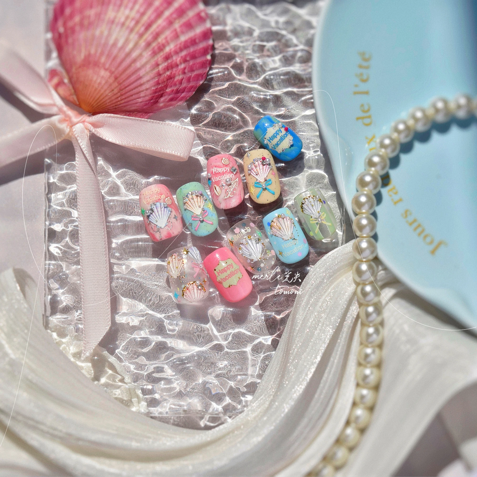 Autocollants 5D pour Nail Art, 1 pièce, stickers d'été, bleu océan, coquille, perle, pour manucure, DlY, N64.