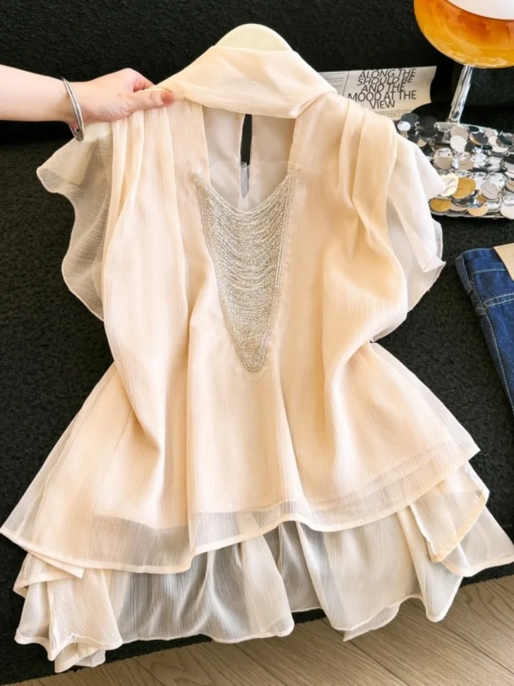 

Pink Sash Shirt Women's Summer New Unique Beautiful Design Thin Tassel Chiffon Short Sleeve Top Elegant Versatile Lace Blend