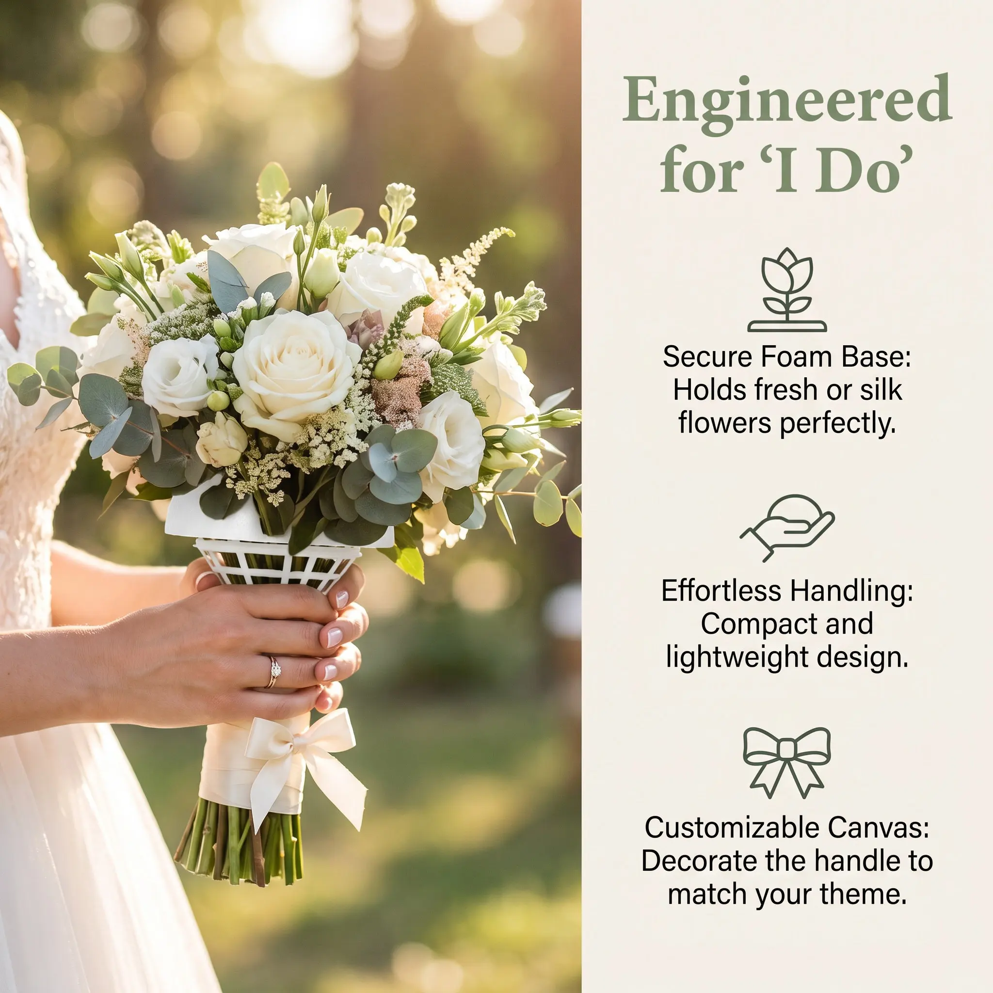 1Set Bridal Bouquet Holder Wedding Floral Foam Handle Compact Light Weight Easy Store Strong Wear Break Resistant DIY Wedding