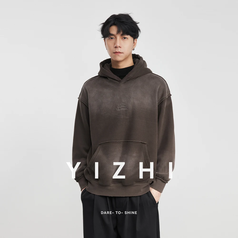 

Fashion Men's American Retro Distressed Fleece-Lined Hoodie 2025 Winter Gradient Loose Long-Sleeved Top Men Sweatshirt Pullover