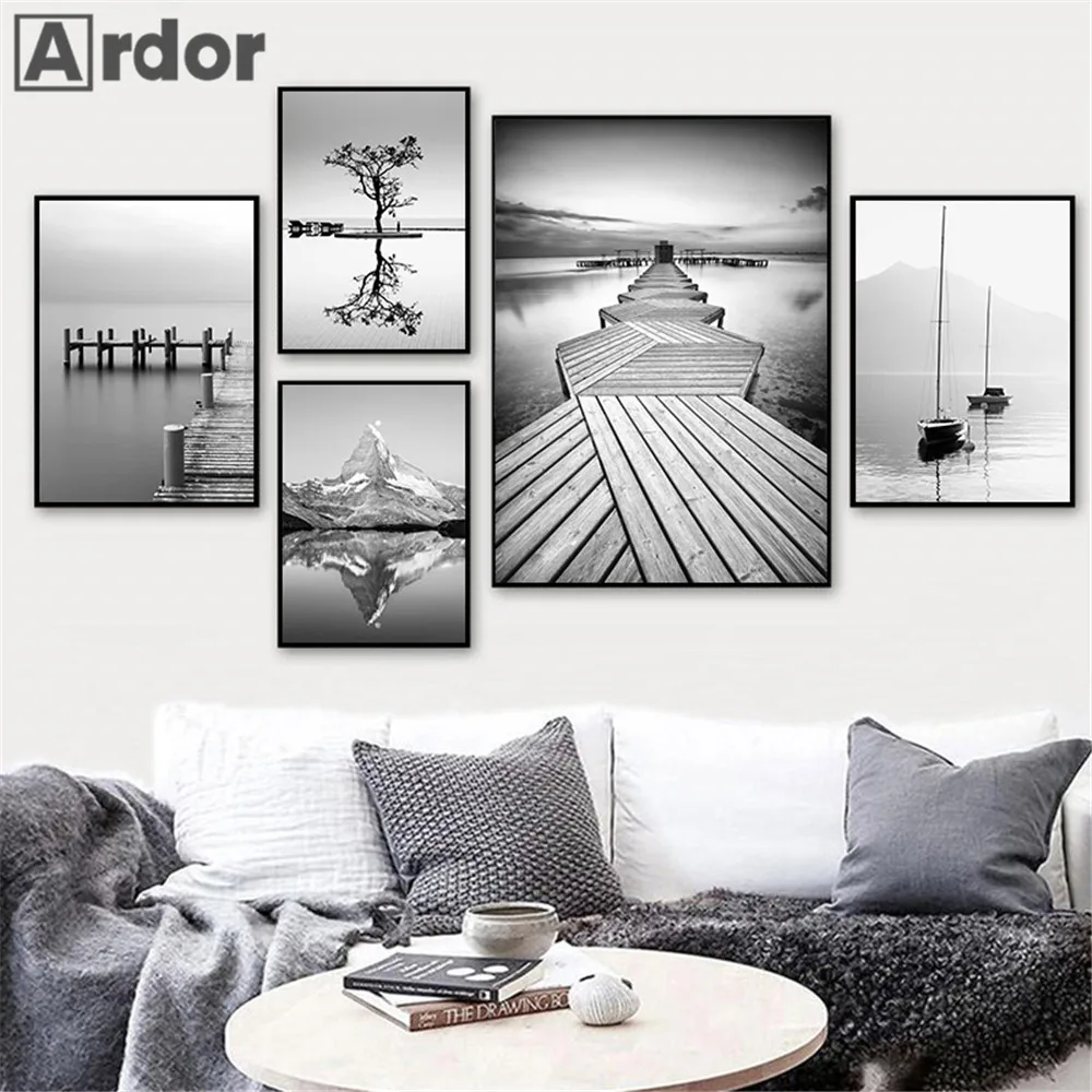 Black And White Canvas Painting Mountain Lake Boat Bridge Wall Art Print Landscape Poster Nordic Wall Art Pictures Bedroom Decor