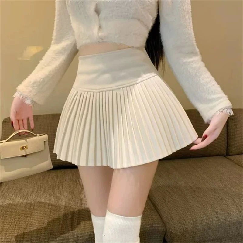 High Waist A Line Mini Skirt Women's Autumn Winter Sweet Style Woolen Plaid Pleated Slimming Japanese Black Skirt with Shorts