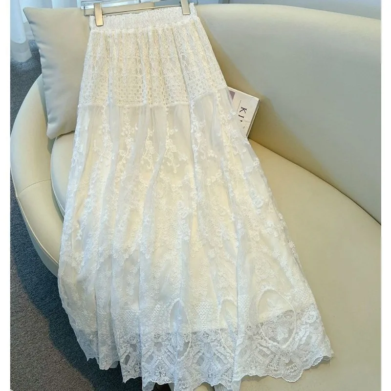 Women's Spring Summer French Graceful Lace White Skirts New Korean Lady Sweet Joker Elastic Waist Skirt 2026 Fashion Clothing