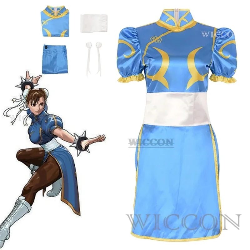 NewFighter Street Cosplay Chun Li حزام ملابس الدعاوى ألعاب أنيمي حفلة الهالوين مثير تشون لي الأزرق شيونغسام لعب الأدوار مثير co