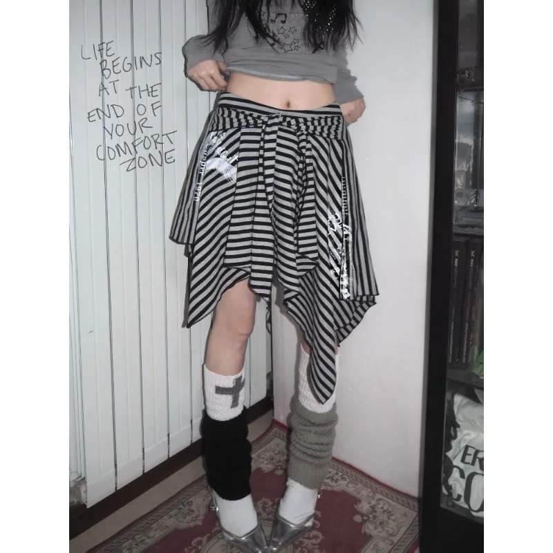 Subculture Punk Street Original Retro Striped Print Irregular Strap Skirt Stacked on Y2k Skirt Skirt