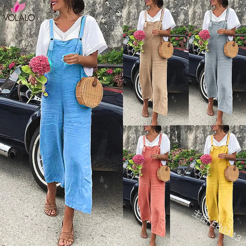 

VOLALO Women Fashion Sleeveless Straps Jumpsuits Summer Wide Leg Trousers Solid Linen Rompers Ladies Casual Long Pants Overalls