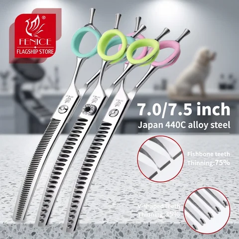 Fenice 7.0/7.5 inch Professional Dog Grooming Shears Curved Thinning Scissors for Dog Face Body Cutiing JP 440C High Quality