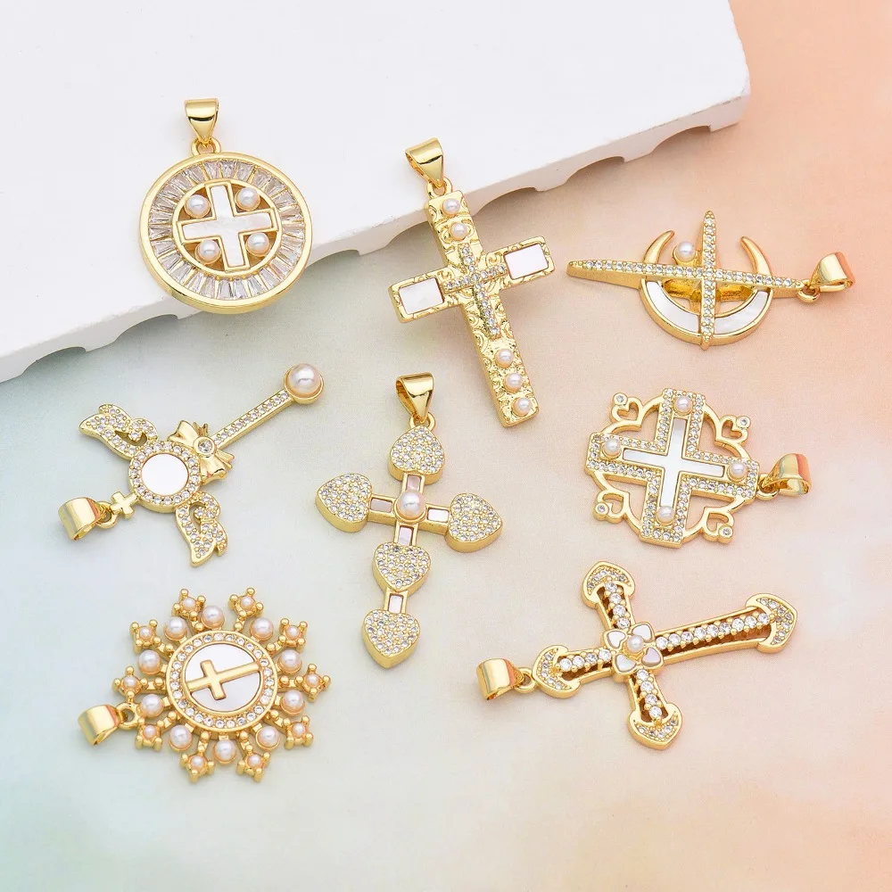 1 Piece Copper Plated Gold Shell Pendant for DIY Necklace Jewelry Making Accessories Cross Micro Inlay Pearl Zircon Hollow Charm