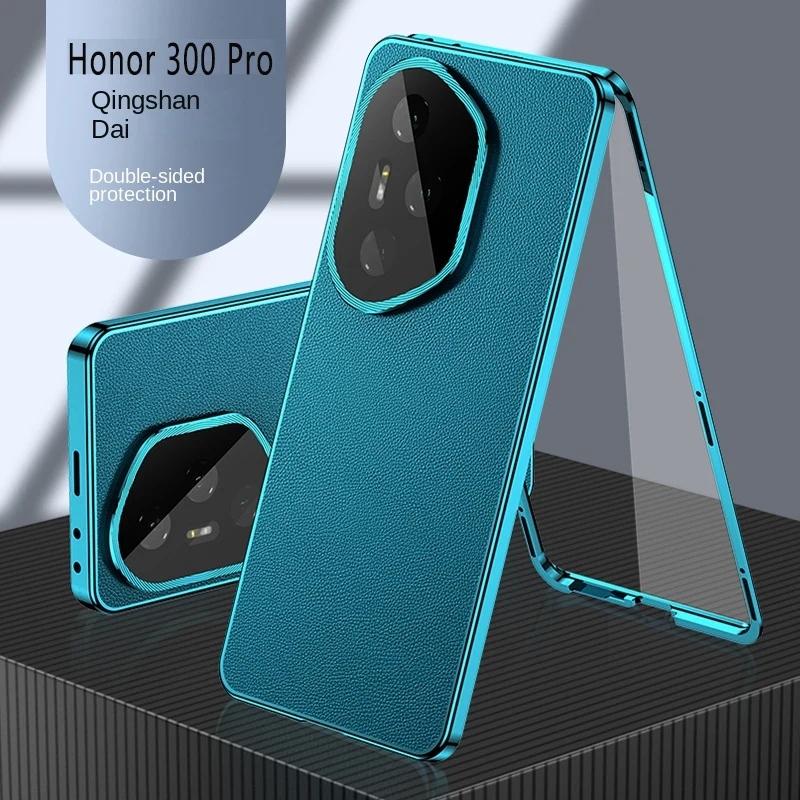 

360 Full Protection Metal Bumper Clear Front Glass Case for Honor 300 Pro 5G with Back Leather Skin Hard Cover Phone Protector