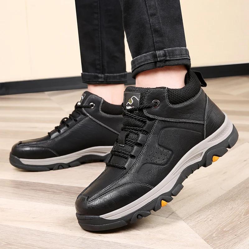 2025 Men Boots Leather Water Proof Shoes Male Winter Boot Black Platform Sneakers Men\'s Safety Shoe Fur Keeps Warm Snow Boots