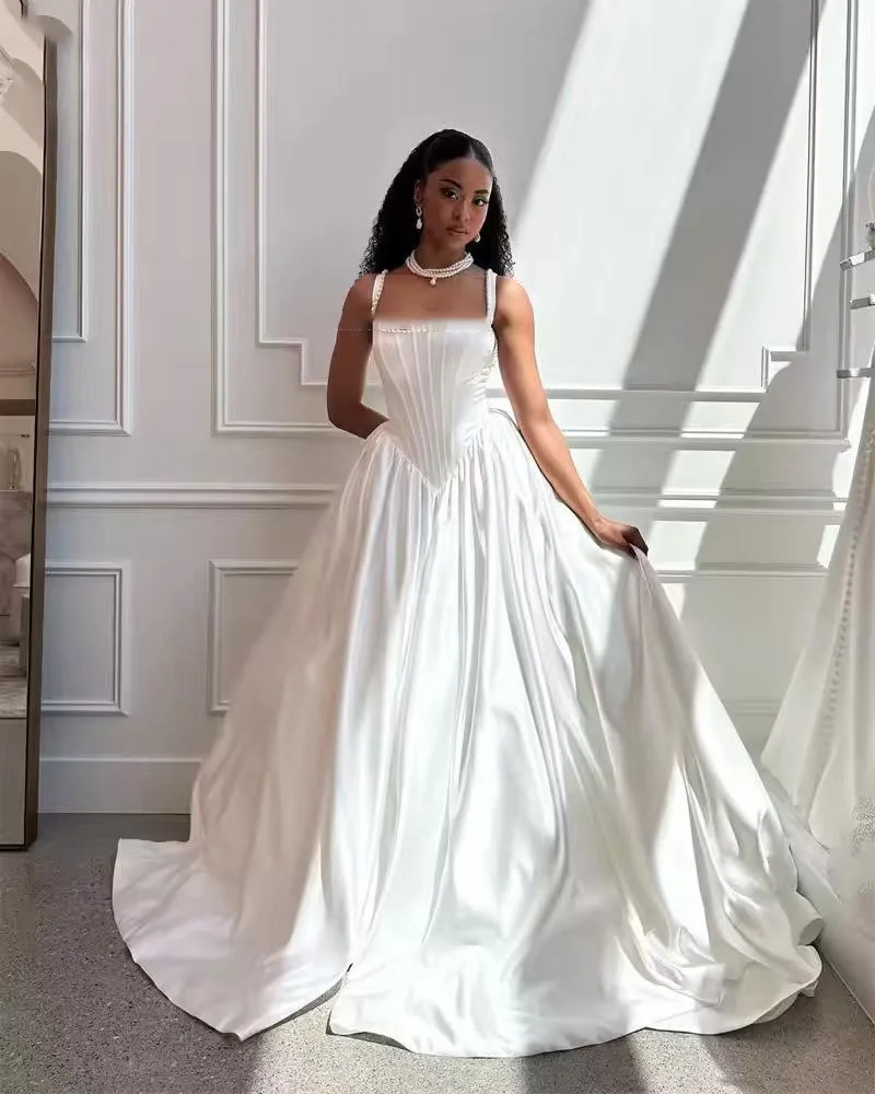 

A-line Satin Simple Wedding Dress Sleeveless Pearls Bride Dresses Long Bridal Gowns vestidos de novia Customized