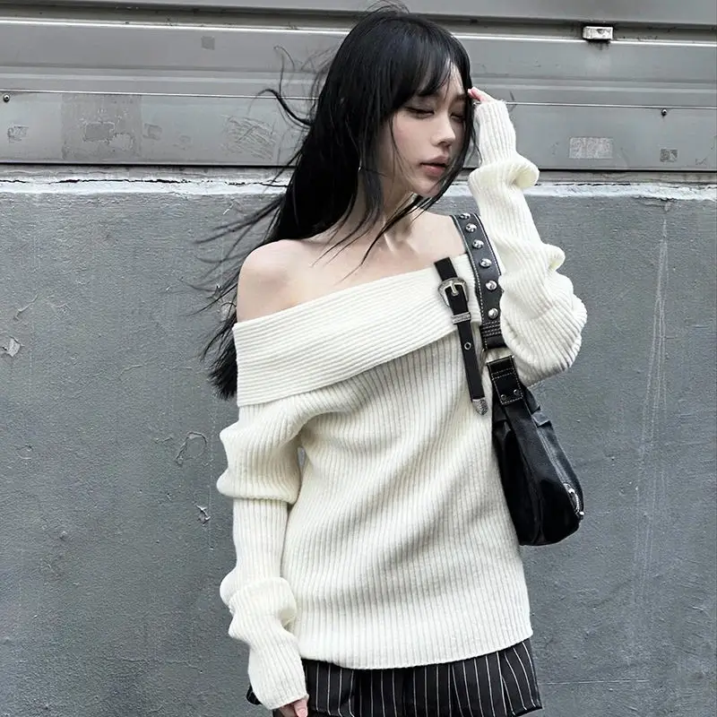 

Sweaters Belt Off Shoulder One-Piece Collar Women Y2k Solid Autumn Winter Vintage Fashion Pull Femme Sexy Short Pullovers