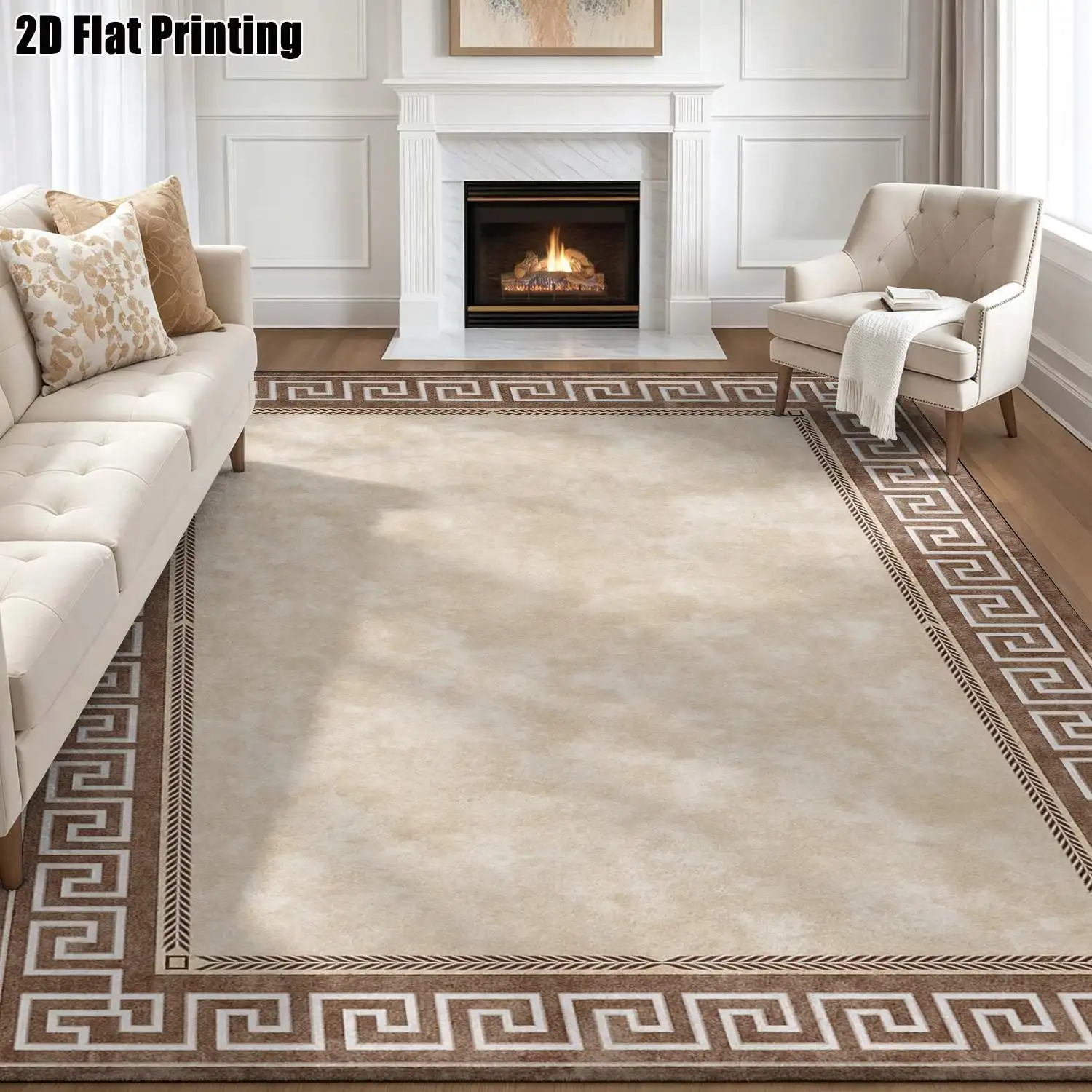 1Pc 2D Printed Carpet: Beige-Brown Rhombus Border, Retro European Style, Geometric Stripes, Minimalist, Multi-Size, Machine Washable, Ideal for Home Decor & Multi-Scene Use