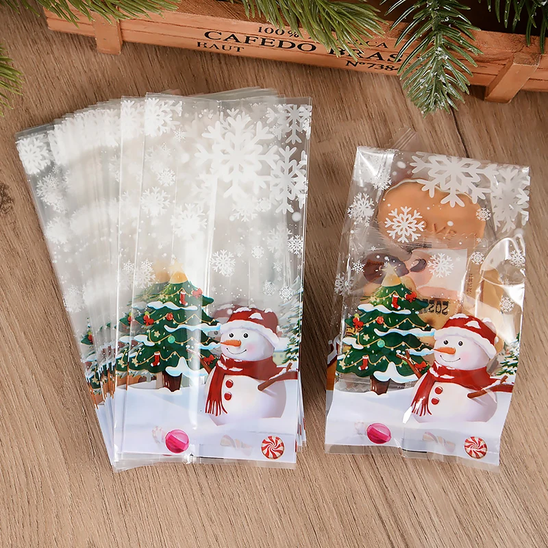 

50/25pcs Christmas Plastic Gift Bags Cartoon Snowman Cookie Candy Biscuit Packaging Bag Merry Christmas Decor New Year Snack Bag