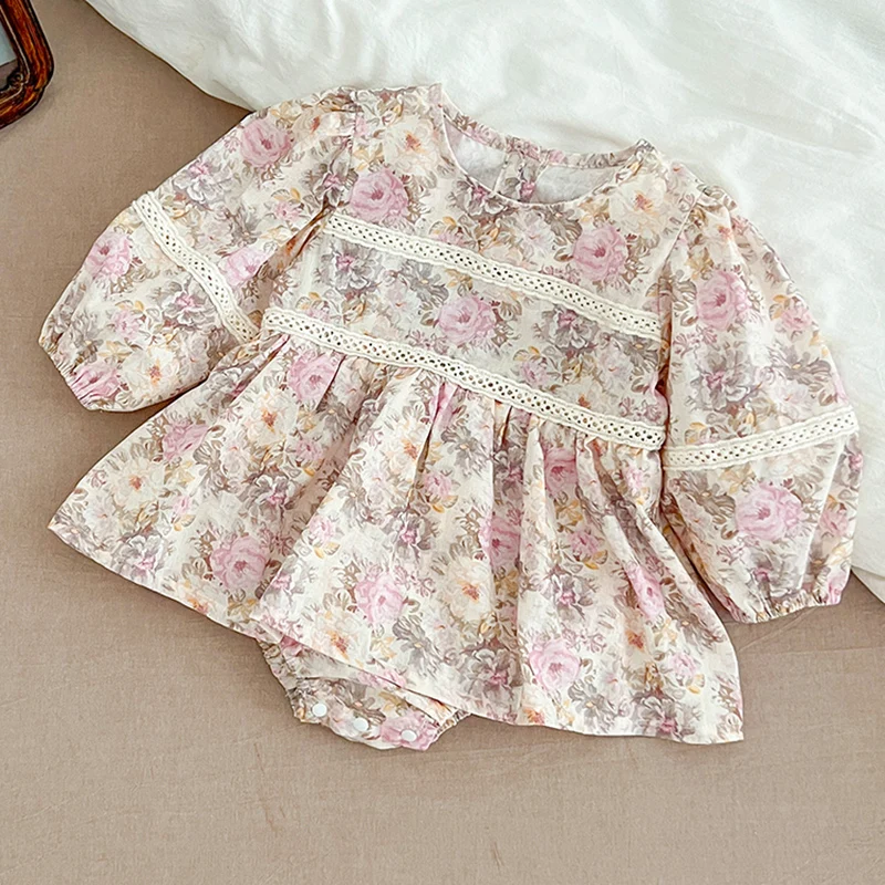 2024 Infant Jumpsuit Autumn Baby Jumpsuit Flower Baby Girl Long Sleeve Bodysuit Dress Newborn Cotton Toddler Comfortable Clothes