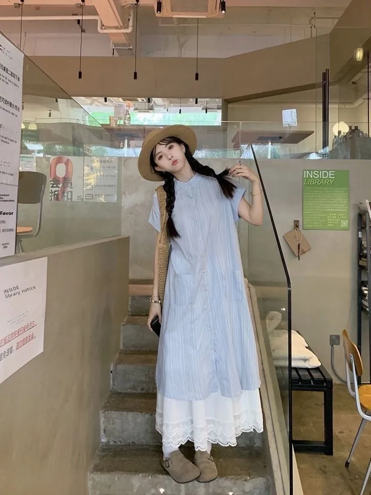 

Korean Striped ort Sve irt Dr Women's Loose Midi Two-Piece Set Summer 2025 Faion Polyester Material