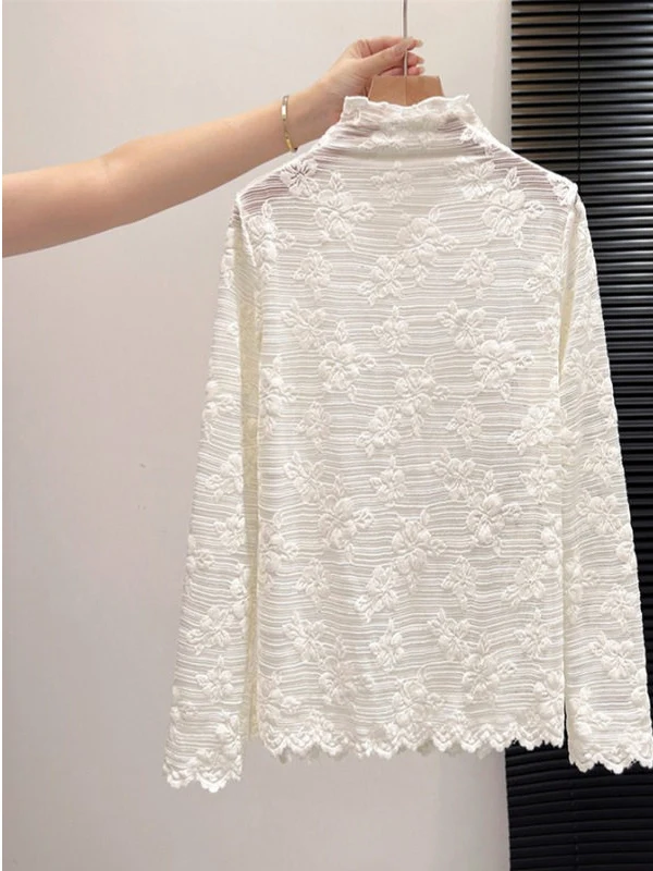 

Elegant Long Sleeve Lace Embroidery Base Shirt Women's Fashionable Inner Wear Top Half High Collar Spring Autumn Winter New S...