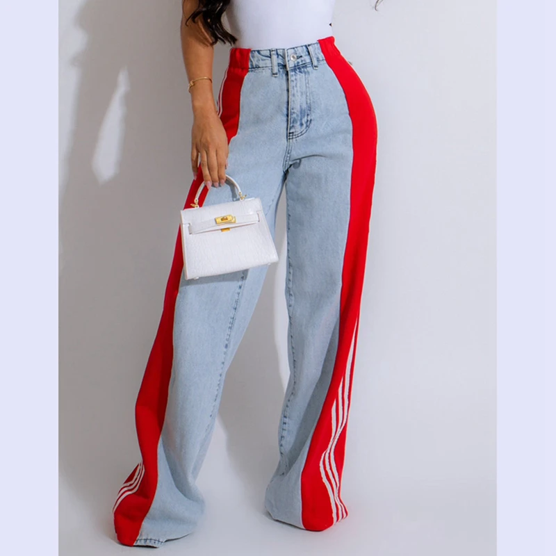 2024 เซ็กซี่สูงเอวหลวมDenim Jeanตรงกางเกงยีนส์ขากว้างกางเกงผู้หญิงPatchworkลายกางเกงElegant Streetwear