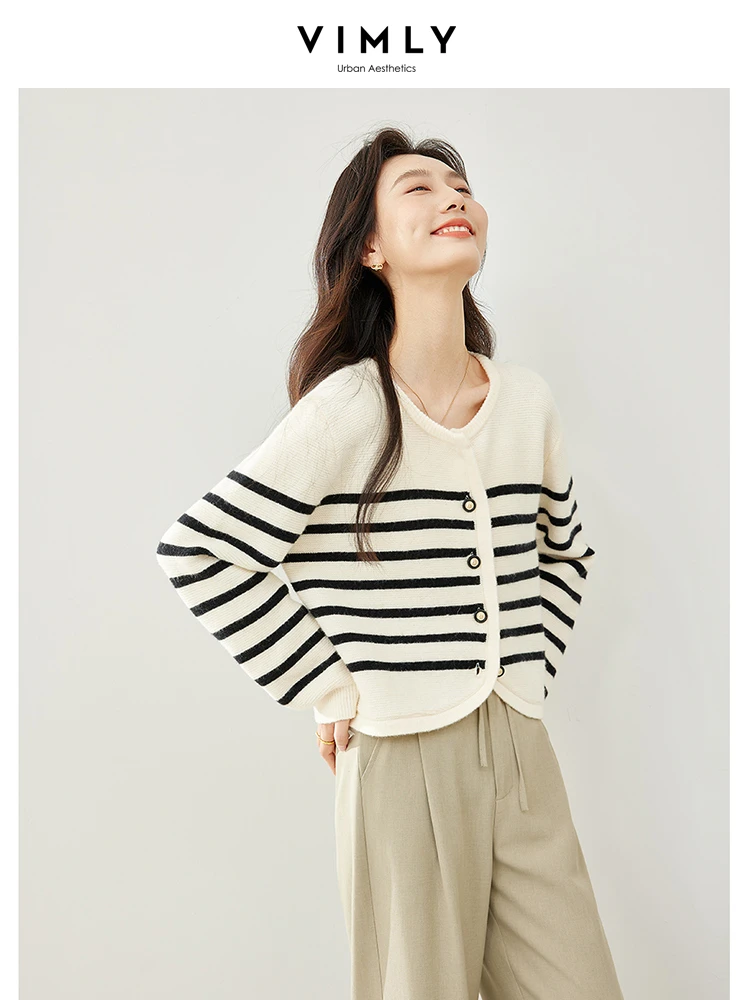 Vimly Striped Round Neck Cropped Knitted Cardigan 2024 Spring French Style Elegant Knit Women Top High Stretth Knitwear 72591