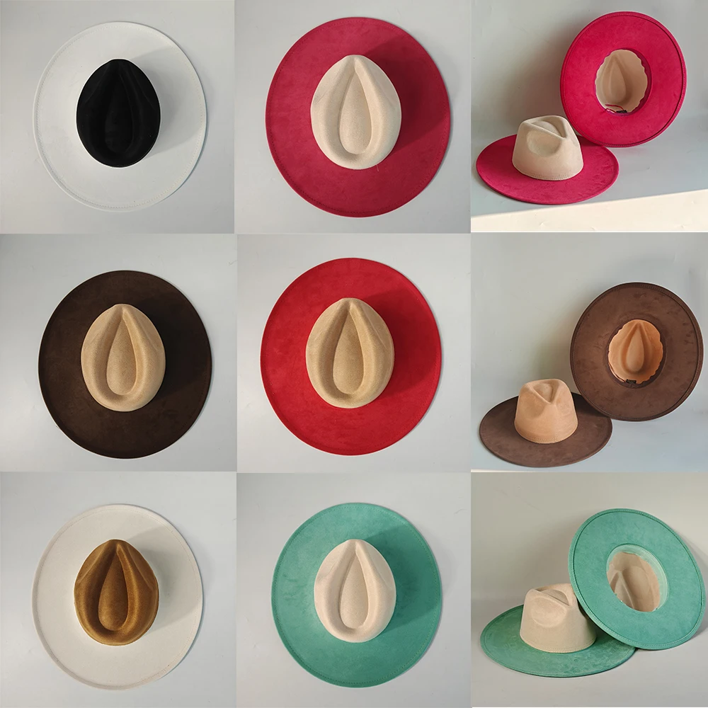 Wholesale Two-Tone Suede Wide Brim Felt Fedoras Women's Hat Men's Church Jazz Hat Denim Hat Panama chapeau femme