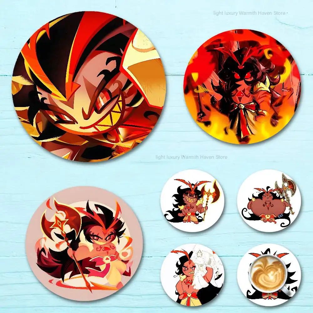 

R-Run Kingdom Burning Spice C-Cookie Heat Resistant Round Wooden Coasters Drink Cafe Decoration 2D Flat Color Print Coasters