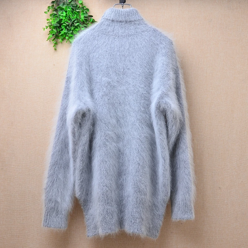 Women mujer Autumn Winter Clothing Hairy Angora Rabbit Hair Knitted Turtleneck Long Sleeves Split Loose Pullover Sweater Jumper