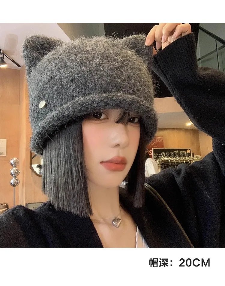 

Head Cap Hugger Toque Stocking Watch Plush Sequined Knitted Hat Cute Warm Cat Ears Autumn Winter solid-colored 2M56