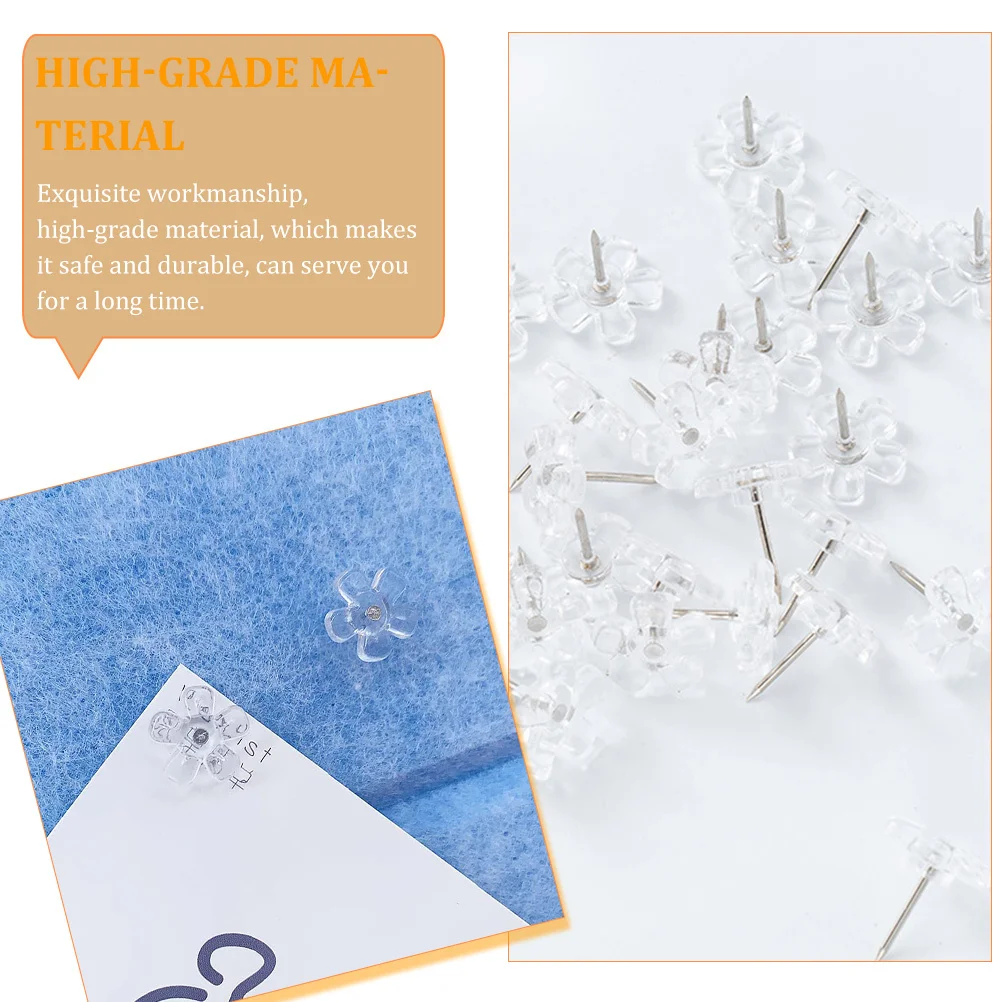 

100Pcs Transparent Push Pins Flower Thumbtacks Sturdy Office Fixers for Bulletin Cork Board Decorative Clear Pushpins