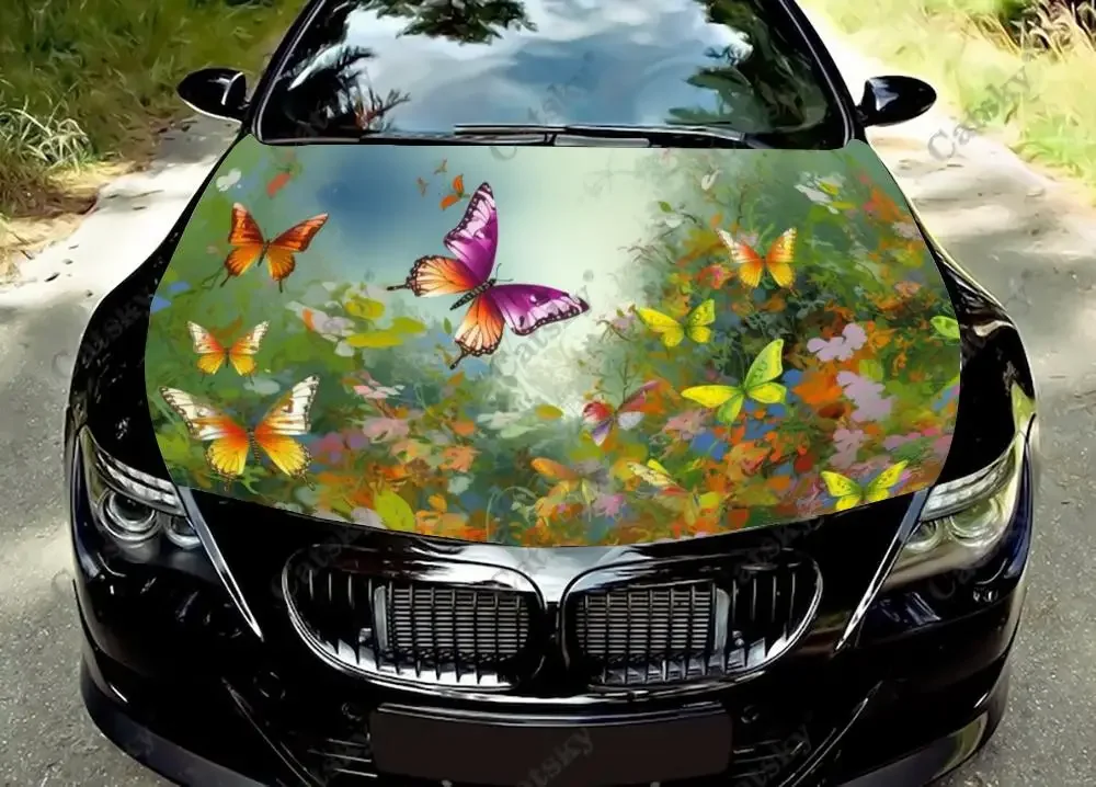 Butterflies and Flowers Car Hood Vinyl Stickers Wrap Vinyl Film Engine Cover Decals Sticker Universal Car Hood Protective Film