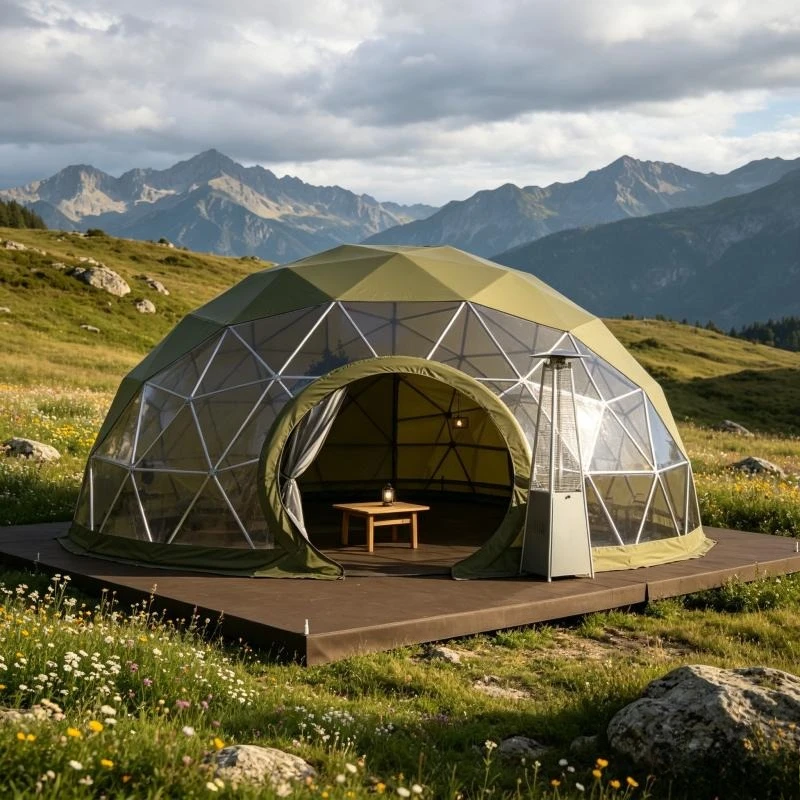 For Restaurants 6m/9m/11m Transparent Geodesic Dome Tent Igloo Glamping with Bathroom Stove and Seating Area for Rooftop