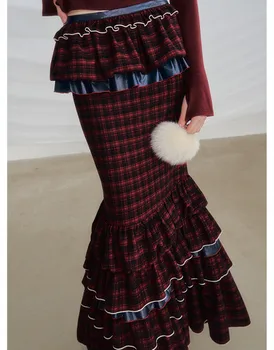 Czerwona krata, niebieska, długa i krótka, podwójna spódnica z rybim ogonem