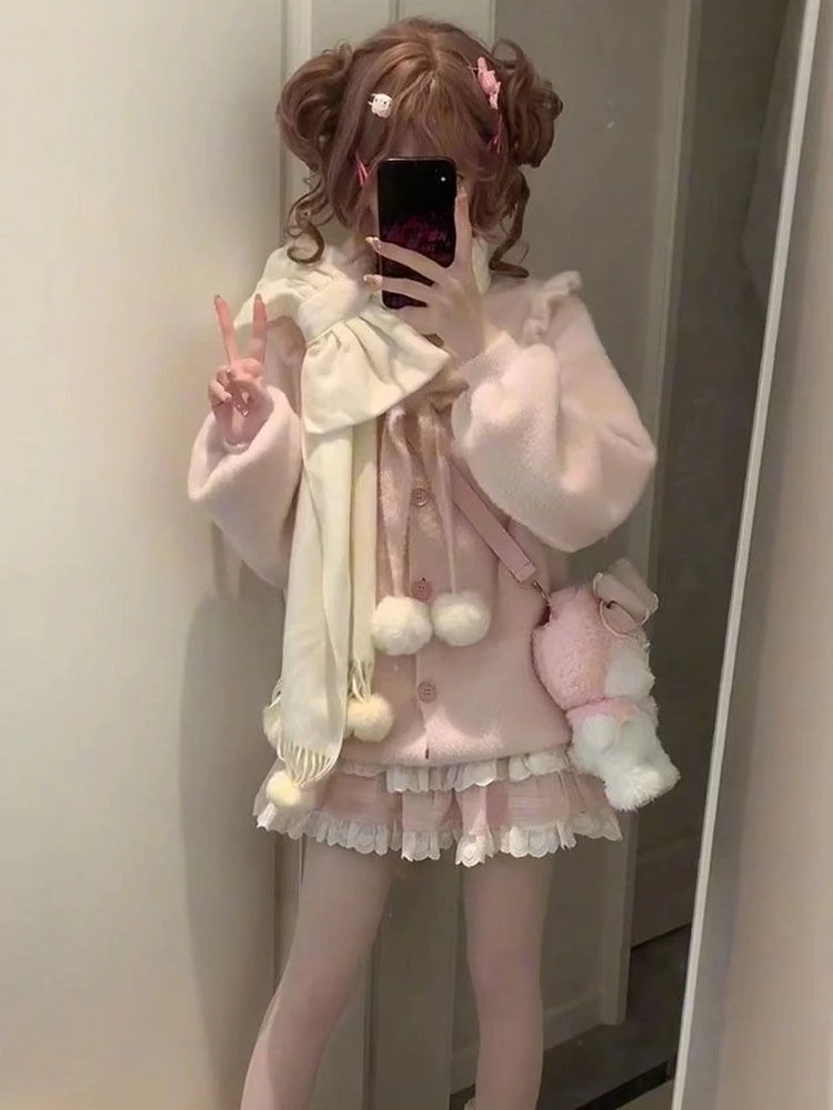 خمر Kawaii طويلة الأكمام سترة مشغولة من الصوف معطف المرأة اليابانية لطيف سستة بلوزات الإناث عادية Y2k سترة معطف شيك #1