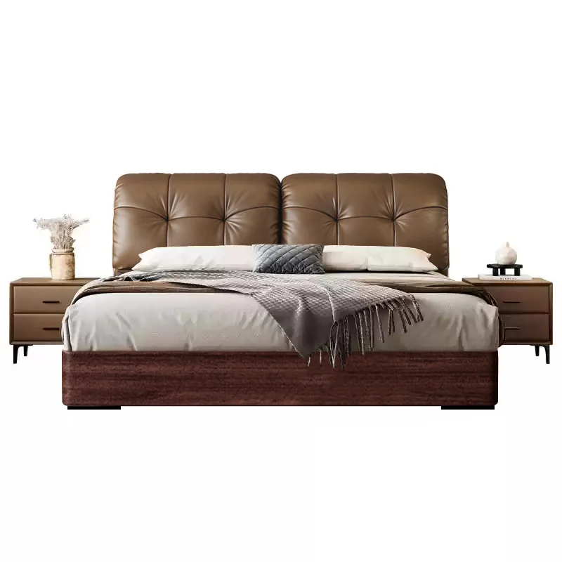 

Retro style oak solid wood double bed first layer cowhide soft bag 1.8m genuine leather bed