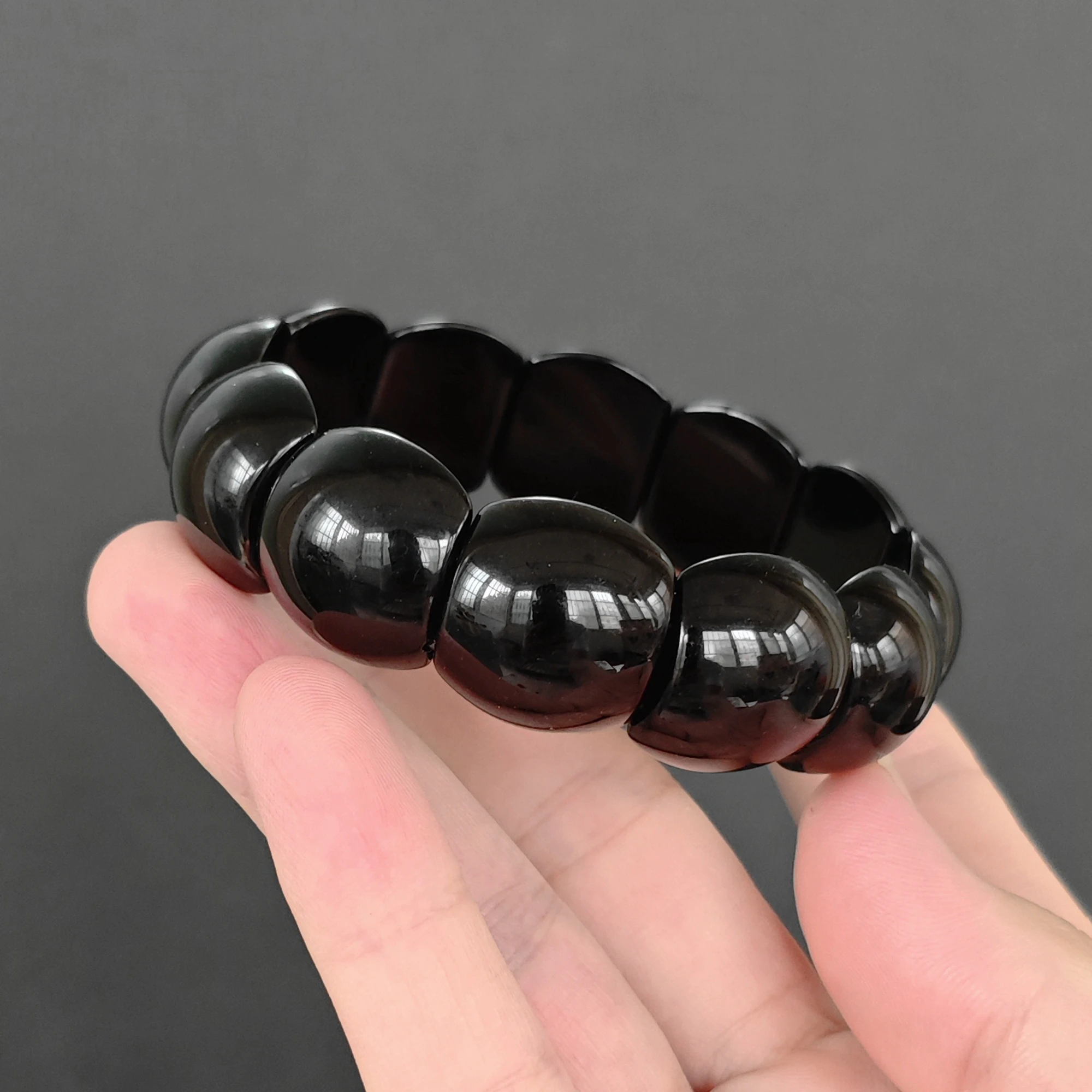 Natural Black Obsidian Bracelet 21x17mm Dome Segment Bangle Curved Rectangle Block Volcanic Gemstone Stretch Gift 16-22cm