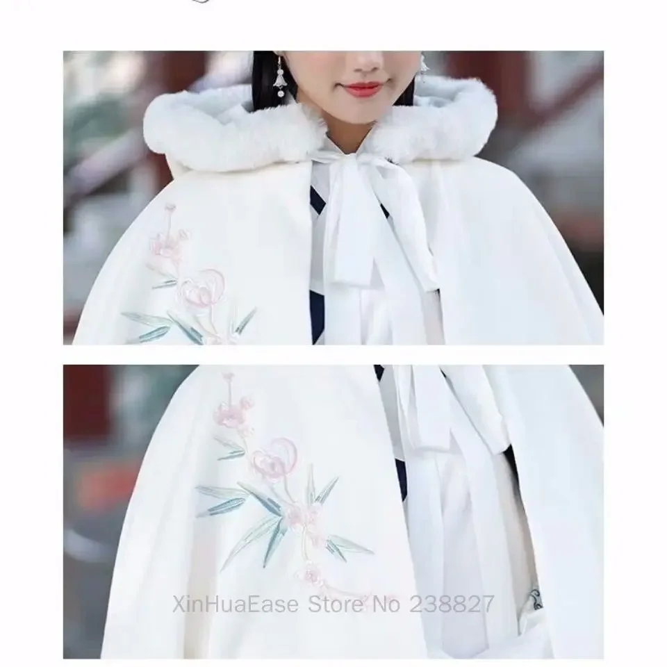 WATER Hanfu Cloak Jacket Ancient Women\'s Plush Thickened Winter Clothing Embroidered Cape White Red Chinese New Year Coat