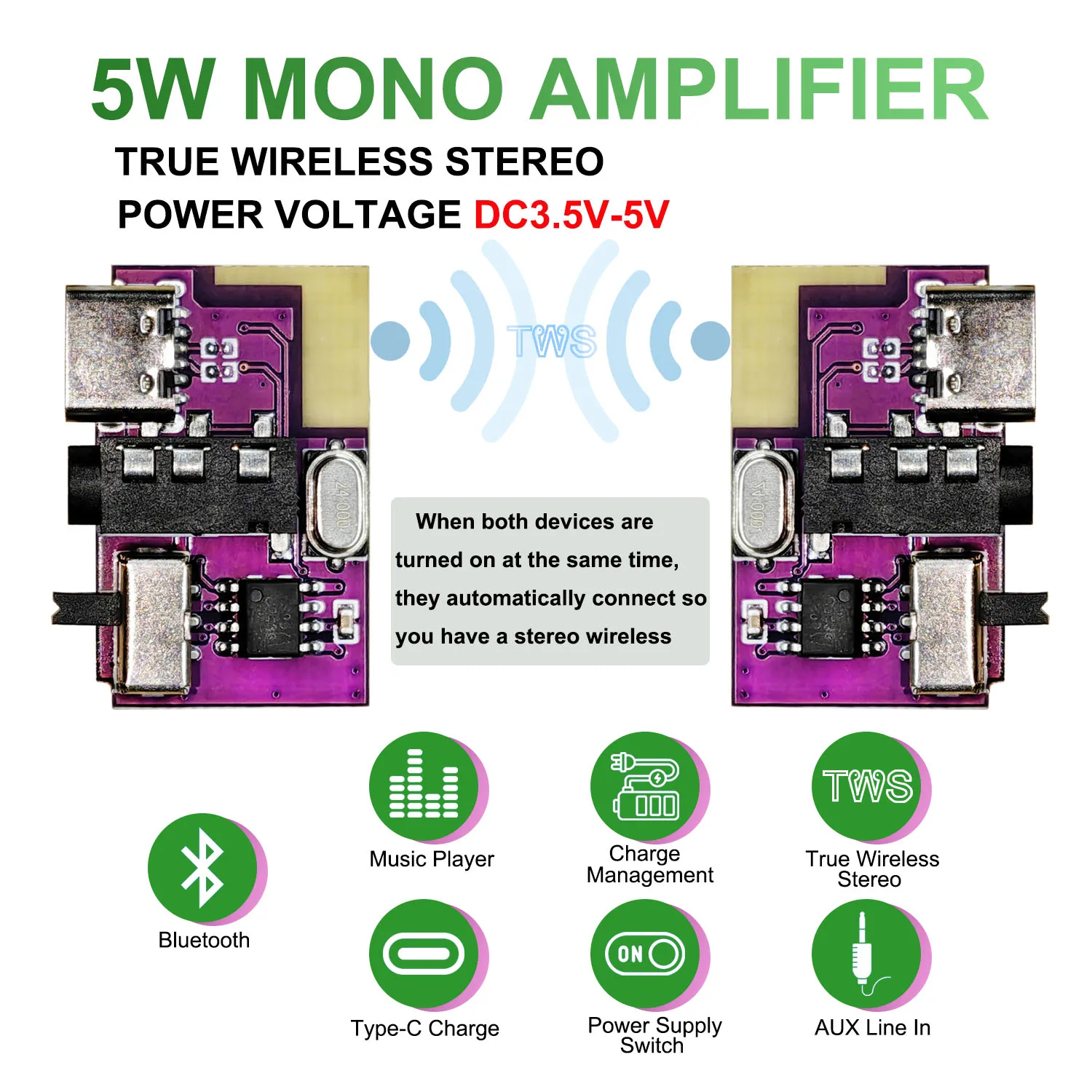 DC 3.5V-5V 5W Bluetooth 5.4 Mono Amplifier Decoder Board Music Player TWS 3.5mm AUX Module Receiver DIY Handmade Speaker