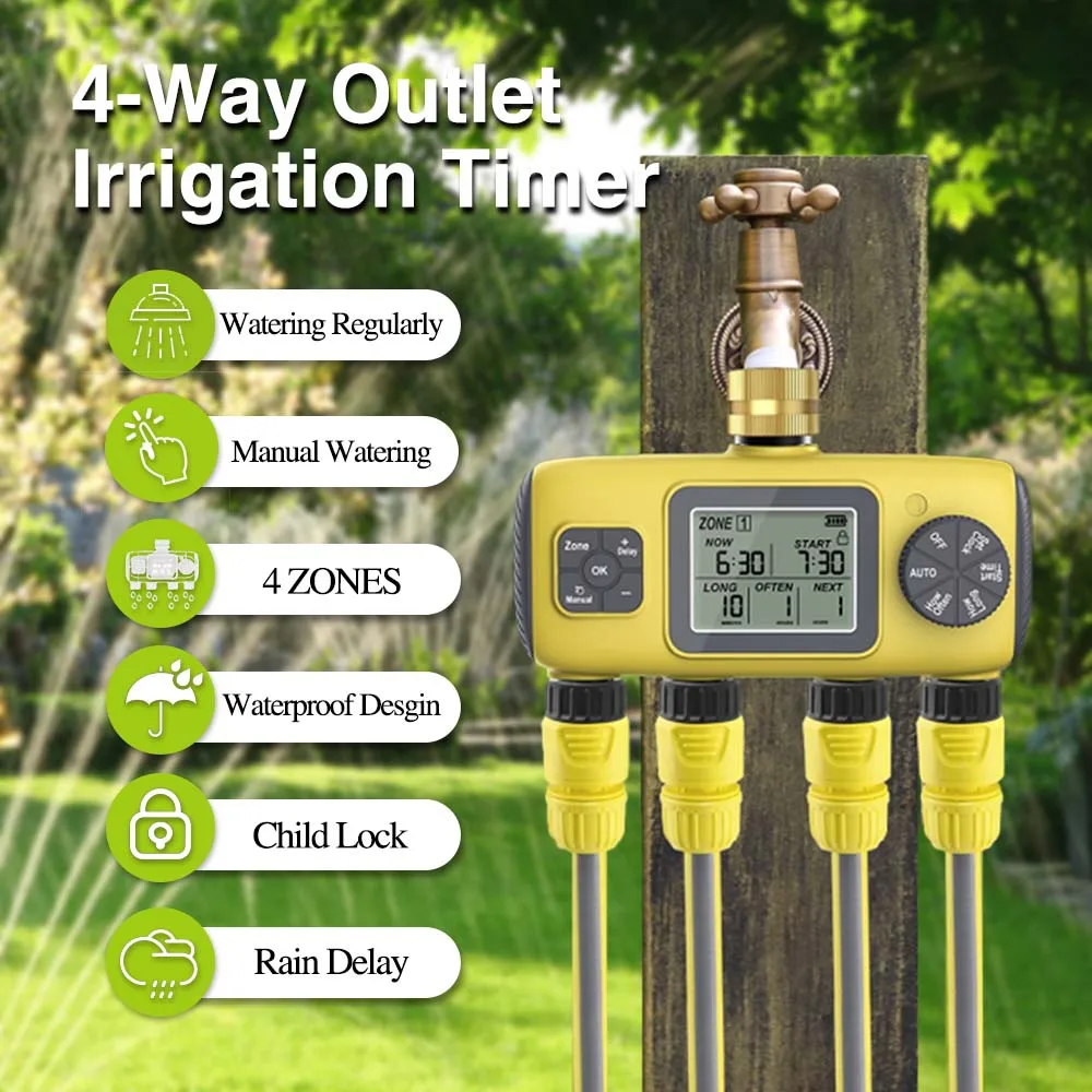 

4-сторонний таймер полива и орошения, редактируемый 4 независимых автоматических программа посыпающей воды, блокировка от детей, задержка дождя, IP55, водонепроницаемый