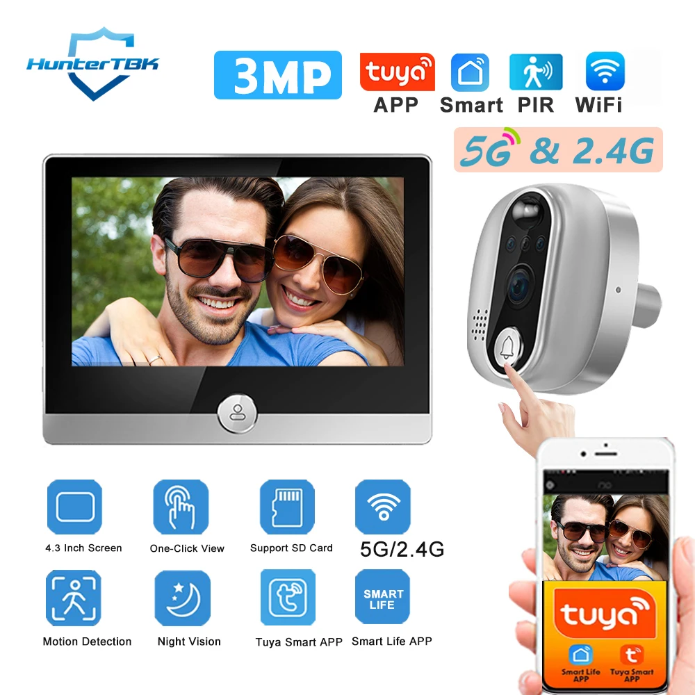 

Видеодомофон с Wi-Fi 3 МП (5 ГГц/2,4 ГГц), камерой-глазком 1080P, поддержкой Tuya Smart Life, аккумулятором 5000 мАч, датчиком движения PIR и ИК-подсветкой