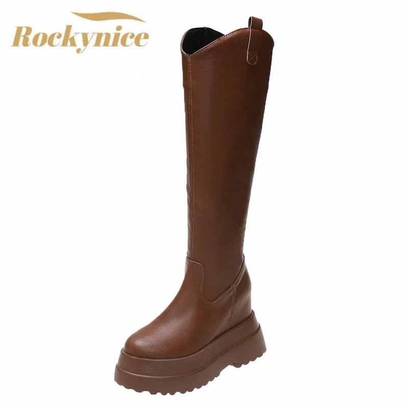 Winter Long Boot Chunky Leather Knee High Boots Women Retro Punk Height Increasing Platform Motorcycle Boots Woman Booties Mujer